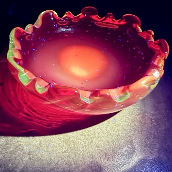 Ruby Red Murano Art Blown Glass Trinket Bowl 4.5” Glows Uv Bullicante Vintage - Picture 2 of 16